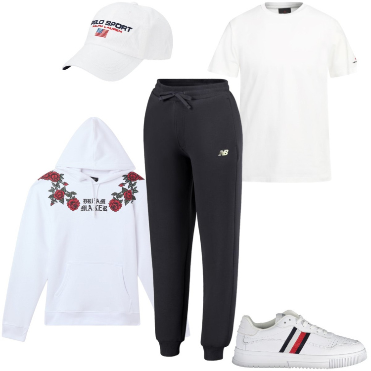 Outfit uomo - La felpa con le rose. Stile Casual per Sport. Abbinamento con t-shirt, felpe con cappuccio, pantaloni, cappelli, sneakers.