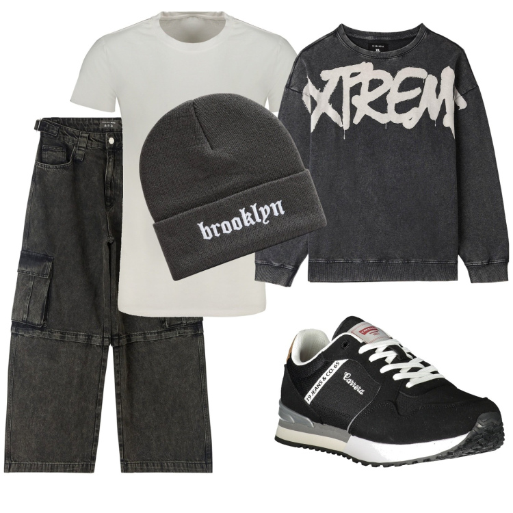 Outfit uomo - Total look #1985415. Stile Urban per Tutti i giorni. Abbinamento con jeans, felpe, berretti, sneakers, t-shirt.