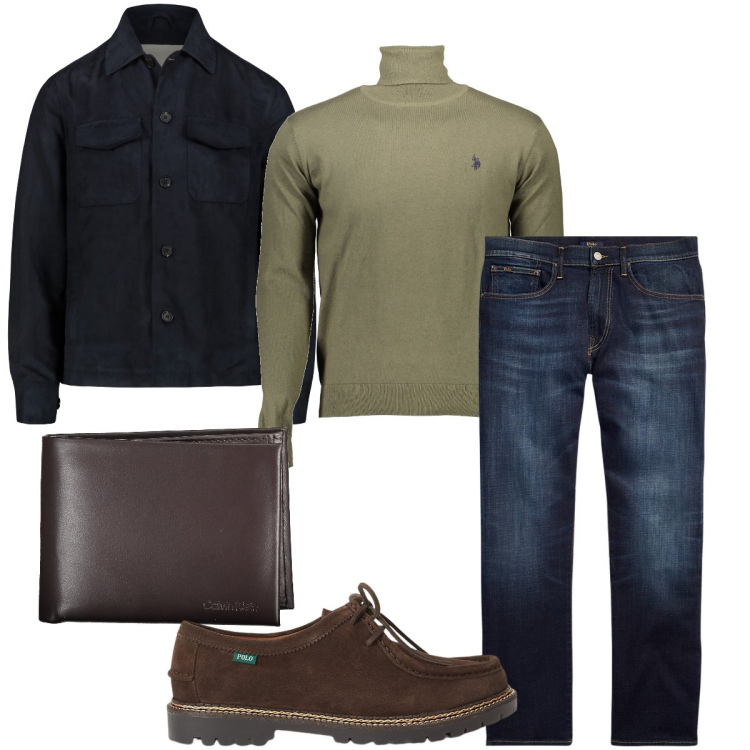 Outfit uomo - La dolcevita verde oliva. Stile Urban per Serata speciale. Abbinamento con jeans dritti, scarpe stringate, giacche, maglieria, portafogli.