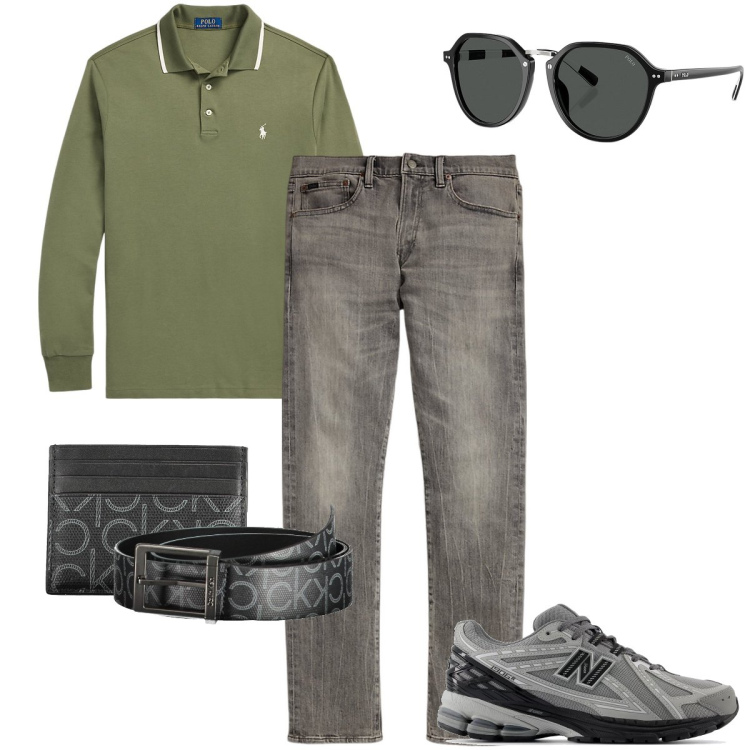 Outfit uomo - Grigio ad ottobre. Stile Casual per Tutti i giorni. Abbinamento con sneakers, occhiali da sole, polo, jeans, portafogli.