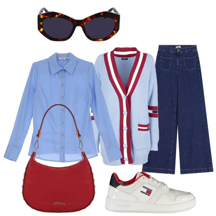 Outfit donna - Uscita in sporty chic. Stile Sporty chic per Tutti i giorni. Abbinamento con camicie, borse a spalla, cardigans, jeans, sneakers, occhiali da sole.