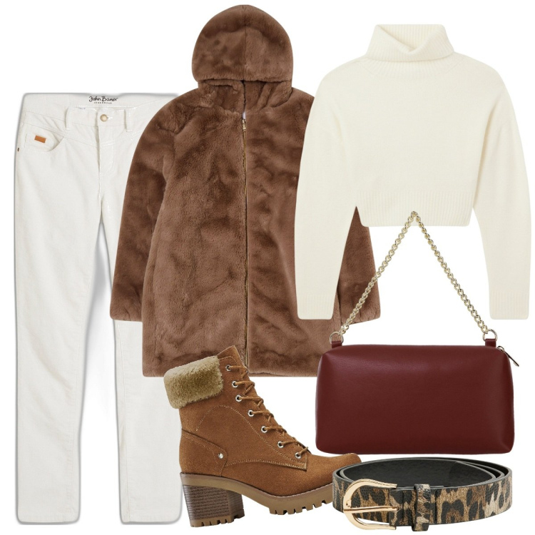 Outfit donna - Pelliccia sintetica marrone. Stile Casual chic per Tutti i giorni. Abbinamento con stivaletti, pantaloni, ecopellicce, cinture, maglieria, borse a tracolla.