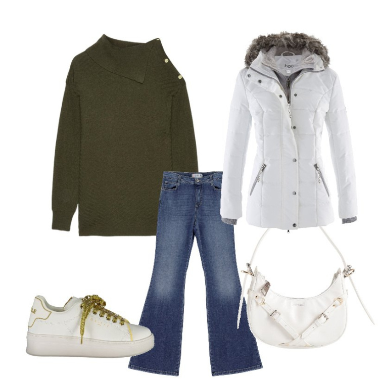 Outfit donna - Relax. Stile Casual per Tutti i giorni. Abbinamento con piumini, borse a mano, jeans, sneakers, maglieria.