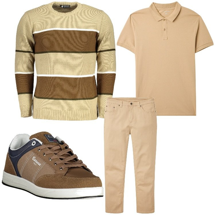 Outfit uomo - Marrone a righe. Stile Casual per Tutti i giorni. Abbinamento con pantaloni, polo, maglieria, sneakers.