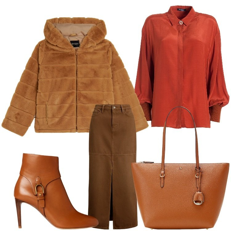 Outfit donna - Calda al lavoro. Stile Chic per Ufficio. Abbinamento con camicie, blazer, borse tote, gonne, stivaletti.