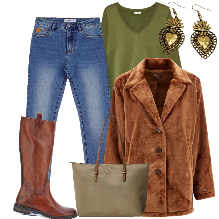 Outfit donna - Stivali e jeans. Stile Casual chic per Tutti i giorni. Abbinamento con jeans skinny, cappotti, borse tote, stivali sopra il ginocchio, t-shirt, orecchini.