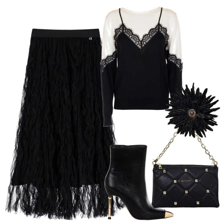 Outfit donna - Serata. Stile Romantica per Serata fuori. Abbinamento con stivaletti, maglieria, borse a spalla, gonne lunghe, anelli.