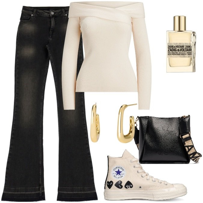 Outfit donna - Total look #1985491. Stile Trendy per Tutti i giorni. Abbinamento con profumi, orecchini, jeans, maglieria, sneakers, borse a spalla.