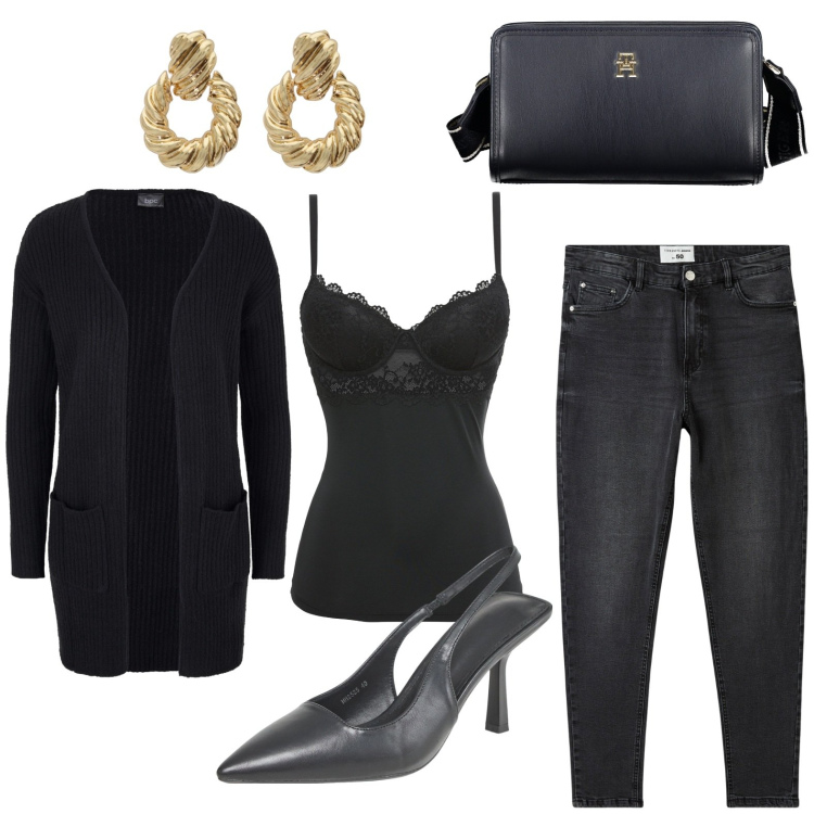 Outfit donna - Il nero che conquista. Stile Basic per Serata fuori. Abbinamento con canottiere, cardigans, jeans skinny, décolleté, orecchini, borse a tracolla.