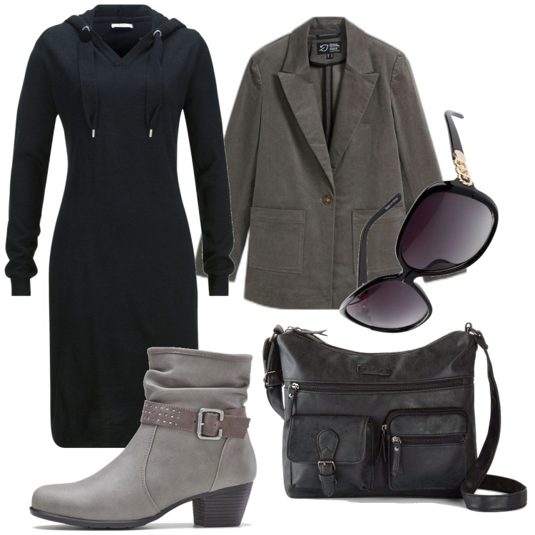 Outfit donna - Un pochino Street e molto Urban. Stile Urban per Tutti i giorni. Abbinamento con stivaletti, occhiali da sole, vestiti, borse a tracolla, blazer.