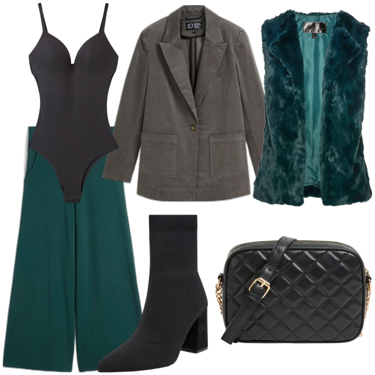 Outfit donna - Amante del verde. Stile Casual chic per Serata fuori. Abbinamento con pantaloni culotte, blazer, gilet, borse a tracolla, stivaletti, body.