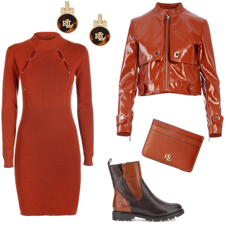 Outfit donna - Lo stivale bicolor. Stile Trendy per Scuola/Università. Abbinamento con vestiti, blazer, portafogli, orecchini, stivaletti.