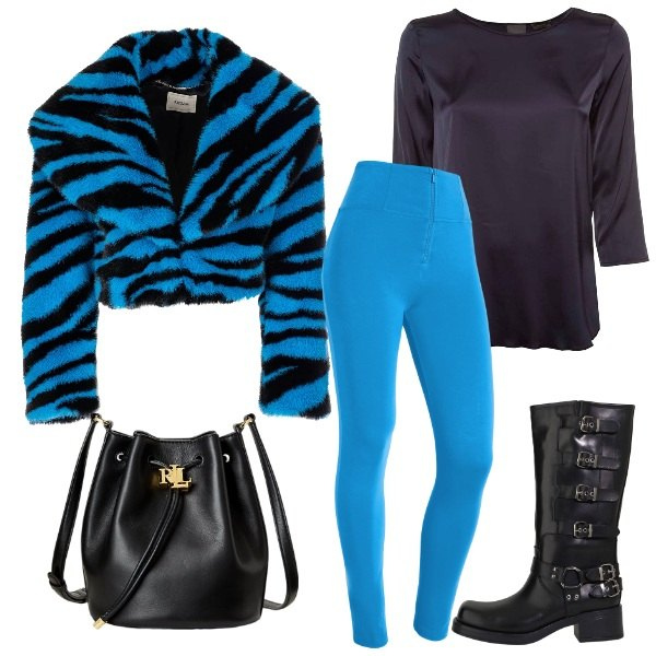 Outfit donna - Torquoise & Black. Stile Glamour per Serata fuori. Abbinamento con blazer, pantaloni skinny, stivali, borse a secchiello, bluse.