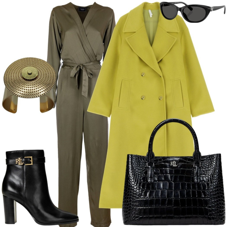 Outfit donna - La tuta super chic. Stile Glamour per Tutti i giorni. Abbinamento con tute, cappotti, occhiali da sole, stivaletti, borse a mano, braccialetti.