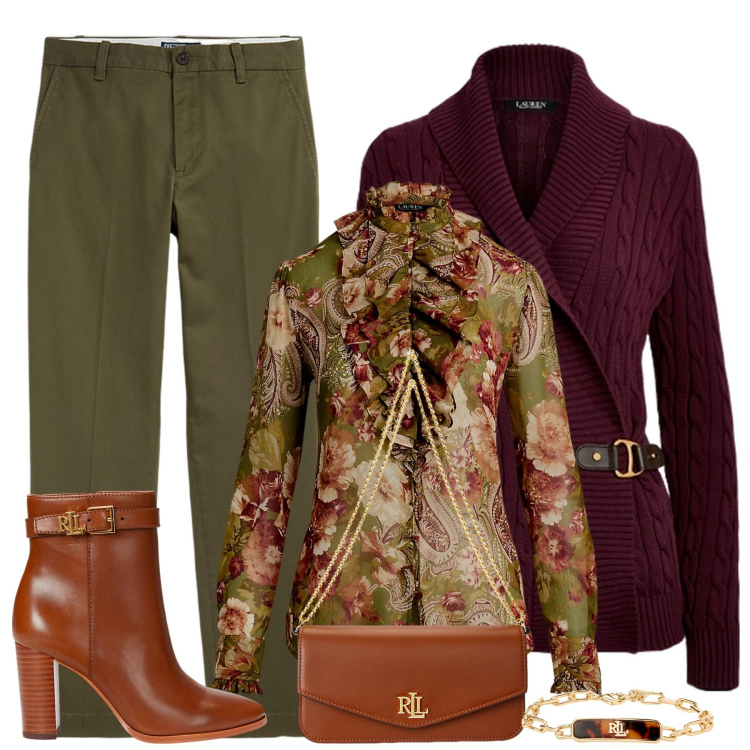 Outfit donna - City. Stile Chic per Tutti i giorni. Abbinamento con pantaloni chino, maglieria, braccialetti, camicie, borse a spalla, stivaletti.