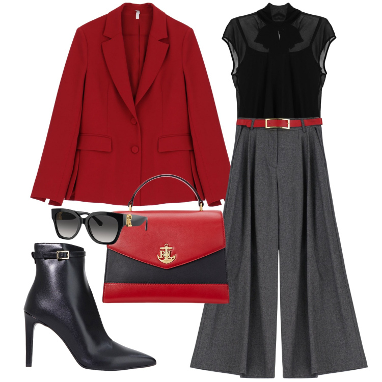 Outfit donna - Busy & Magnificent. Stile Chic per Ufficio. Abbinamento con top, pantaloni, stivaletti, blazer, occhiali da sole, borse a mano.