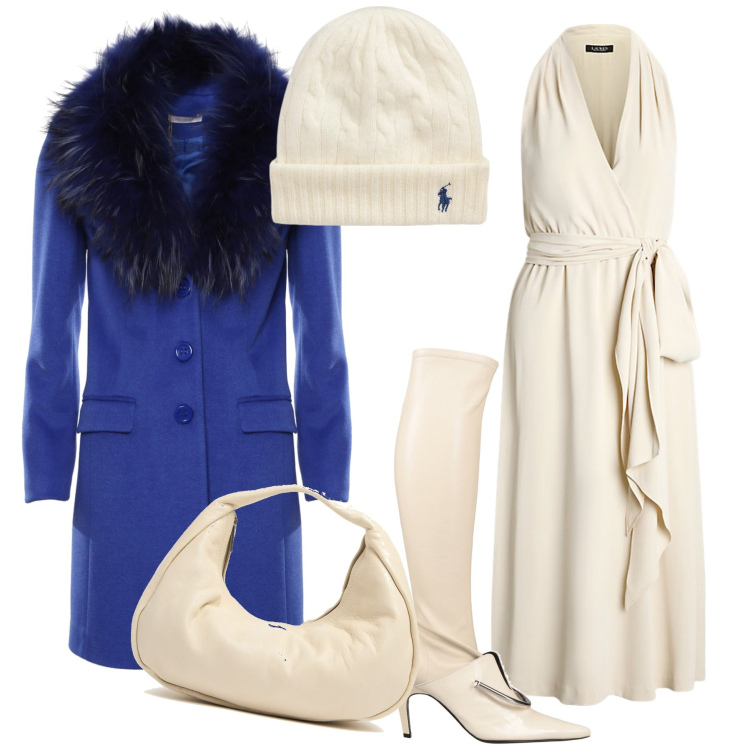 Outfit donna - Burro e blue. Stile Glamour per Serata fuori. Abbinamento con stivali, cappotti, vestiti senza maniche, berretti, borse a mano.