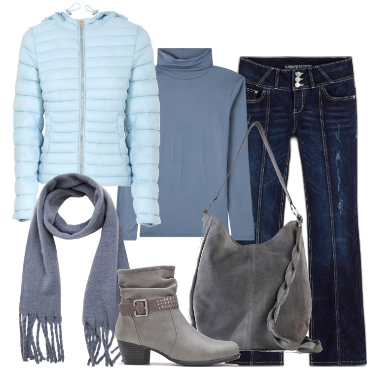 Outfit donna - Un po\' di azzurro a novembre. Stile Basic per Tutti i giorni. Abbinamento con jeans bootcut, borse a mano, stivaletti, maglieria, sciarpe, piumini.