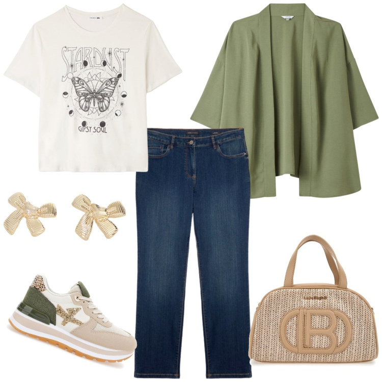 Outfit donna - Casual con i fiocchi. Stile Casual per Tutti i giorni. Abbinamento con kimono, t-shirt, orecchini, sneakers, jeans dritti, borse a mano.