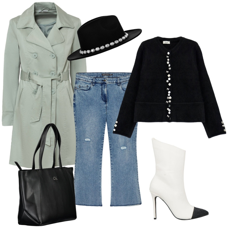 Outfit donna - Trendy. Stile Trendy per Tutti i giorni. Abbinamento con trench, stivaletti, cappelli, cardigans, jeans strappati, borse a spalla.