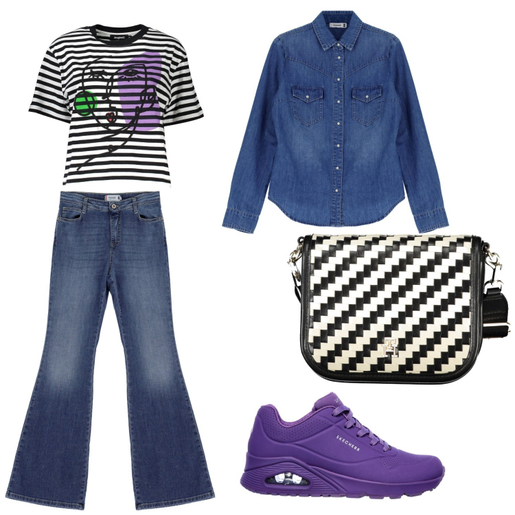 Outfit donna - Total look #1985584. Stile Basic per Scuola/Università. Abbinamento con jeans, camicie, sneakers, t-shirt, borse a tracolla.