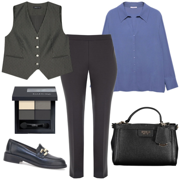 Outfit donna - In ufficio. Stile Casual per Ufficio. Abbinamento con ombretti, pantaloni, mocassini, camicie, gilet, borse a tracolla.