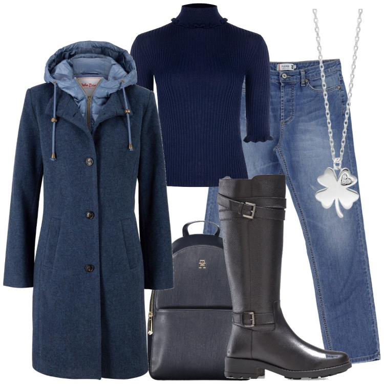 Outfit donna - Basic blu tutti i giorni. Stile Basic per Tutti i giorni. Abbinamento con cappotti, stivali, collane, maglieria, jeans dritti, zaini.