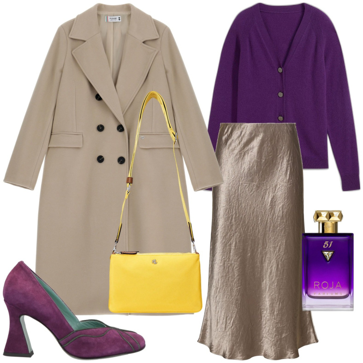 Outfit donna - Décolleté viola. Stile Minimal per Serata fuori. Abbinamento con cardigans, décolleté, profumi, cappotti, borse a tracolla, gonne longuette.