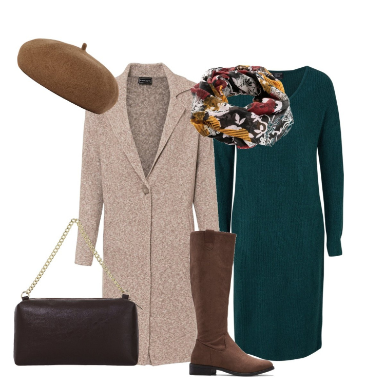 Outfit donna - Ottobre con Bonprix. Stile Chic per Tutti i giorni. Abbinamento con cappotti, stivali, vestiti midi/longuette, foulard, borse a tracolla, cappelli e berretti.
