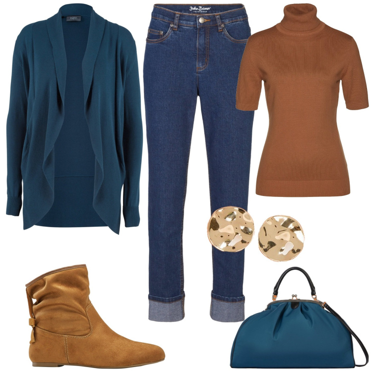 Outfit donna - Al lavoro. Stile Casual chic per Ufficio. Abbinamento con cardigans, maglieria, jeans boyfriend, stivaletti, borse a spalla, orecchini.