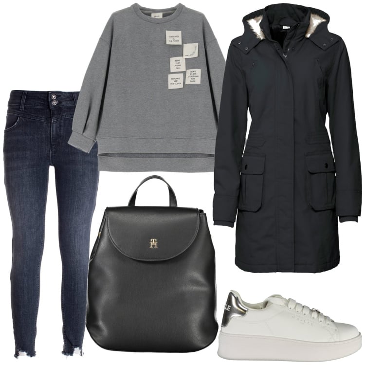 Outfit donna - Total look #1985607. Stile Basic per Scuola/Università. Abbinamento con parka, jeans skinny, felpe, sneakers, zaini.
