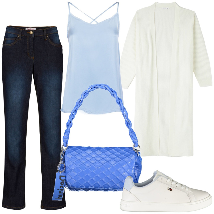 Outfit donna - Total look #1985620. Stile Sporty chic per Tutti i giorni. Abbinamento con jeans dritti, cardigans, top, sneakers, borse a spalla.