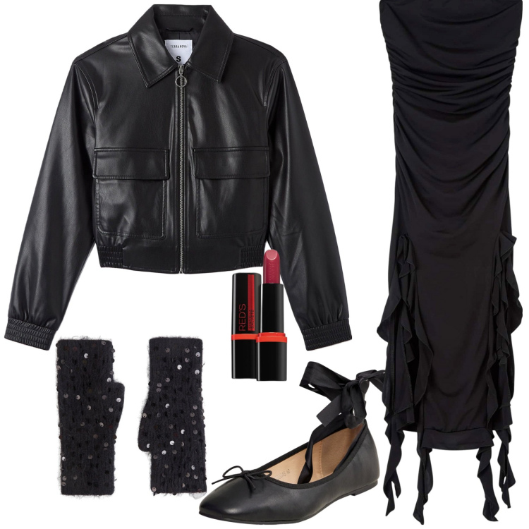 Outfit donna - Halloween witch. Stile Rock per Serata fuori. Abbinamento con rossetti, ballerine, vestiti, bomber, guanti.