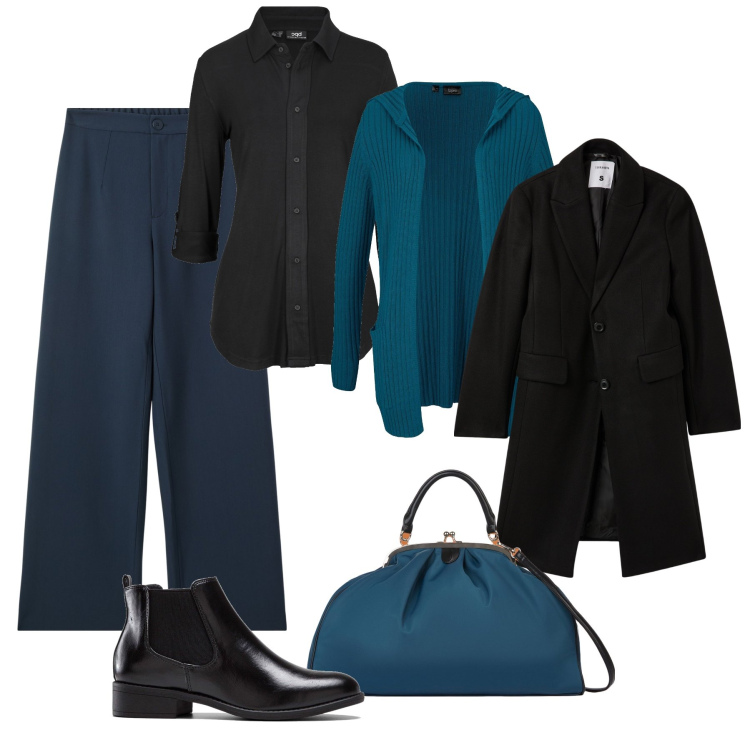 Outfit donna - Petrolio e nero. Stile Casual chic per Ufficio. Abbinamento con cardigans, camicie, stivaletti chelsea, pantaloni, cappotti, borse a spalla.