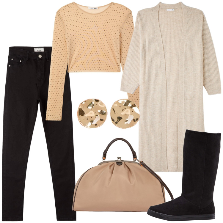 Outfit donna - Total look #1985628. Stile Minimal per Tutti i giorni. Abbinamento con stivali, maglieria, cardigans, jeans skinny, orecchini, borse a spalla.
