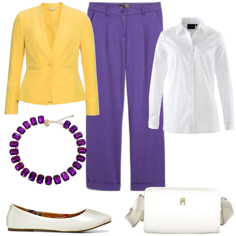 Outfit donna - Trendy per l\'aperitivo al mare. Stile Trendy per Serata fuori. Abbinamento con blazer, camicie, ballerine, pantaloni, collane, borse a tracolla.