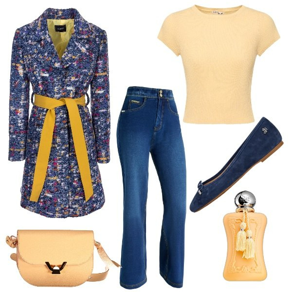 Outfit donna - Giornata solare. Stile Casual per Tutti i giorni. Abbinamento con profumi, cappotti, jeans, ballerine, borse a tracolla, maglieria.