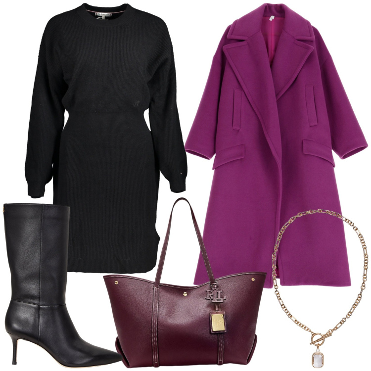 Outfit donna - Total look #1985645. Stile Chic per Ufficio. Abbinamento con cappotti, stivali, borse tote, collane, vestiti corti.