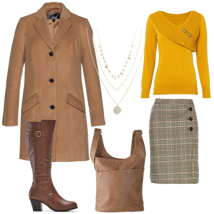 Outfit donna - Giallo ocra. Stile Casual per Ufficio. Abbinamento con gonne, collane, maglieria, cappotti, borse a tracolla, stivali.