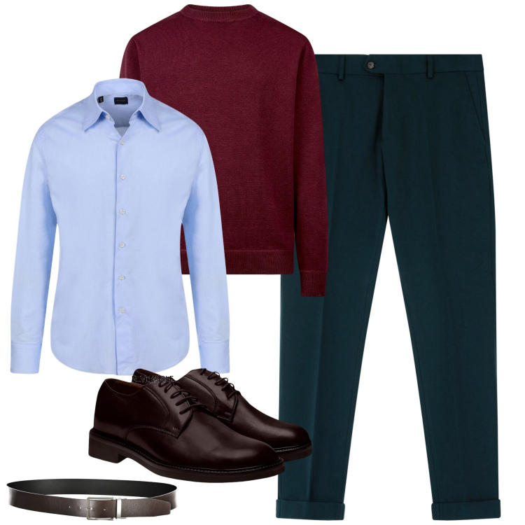 Outfit uomo - In ufficio. Stile Trendy per Ufficio. Abbinamento con pantaloni, maglieria, camicie, scarpe stringate, cinture.