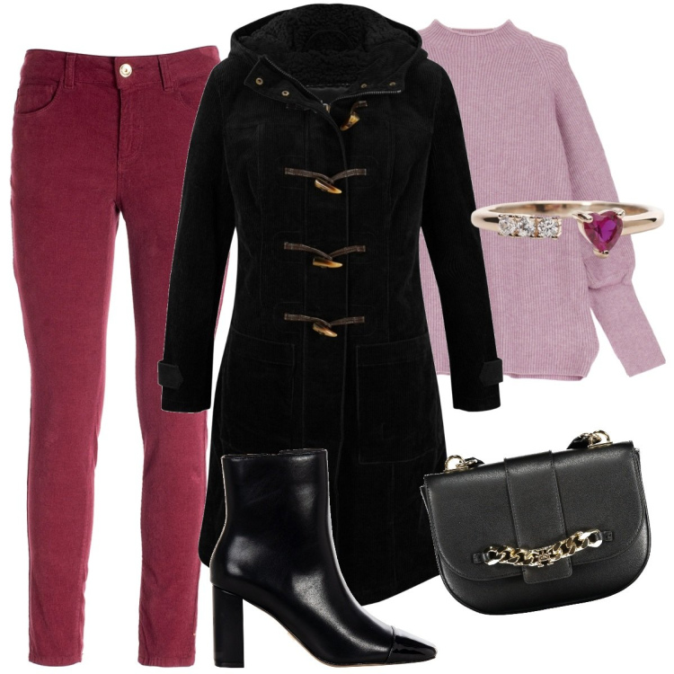 Outfit donna - Il Montgomery nero. Stile Casual chic per Tutti i giorni. Abbinamento con montgomery, anelli, stivaletti, pantaloni skinny, maglieria, borse a tracolla.