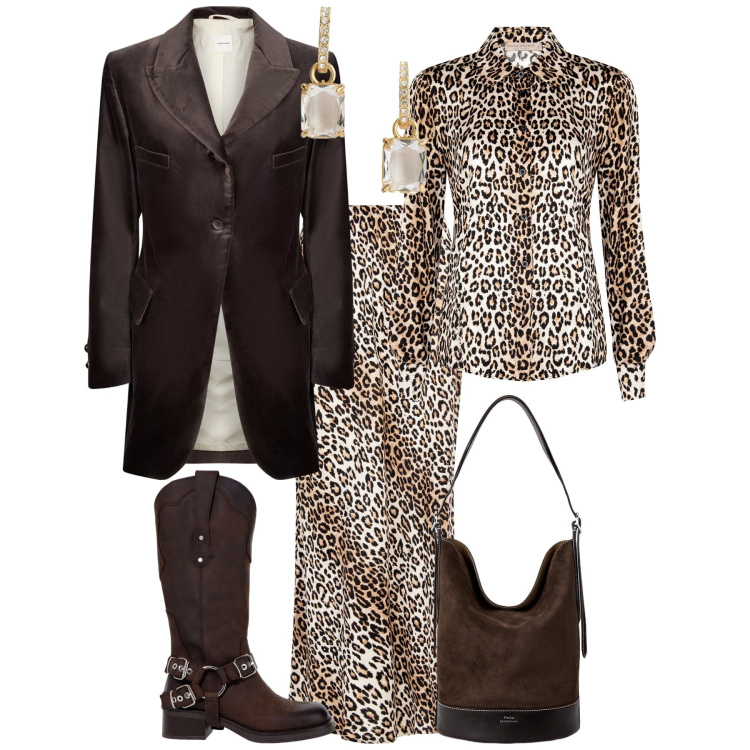 Outfit donna - Total look #1985657. Stile Glamour per Serata fuori. Abbinamento con gonne lunghe, camicie, stivali, borse a secchiello, orecchini, blazer.