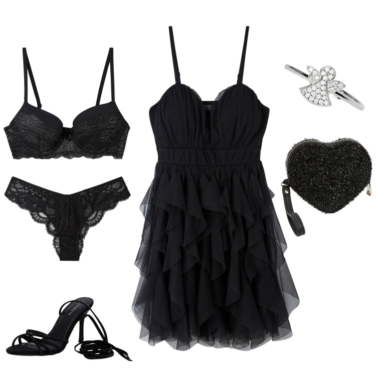 Outfit donna - Angelo nero. Stile Sexy per Serata fuori. Abbinamento con anelli, reggiseni push-up, portafogli, vestiti corti, culotte, sandali alla schiava.