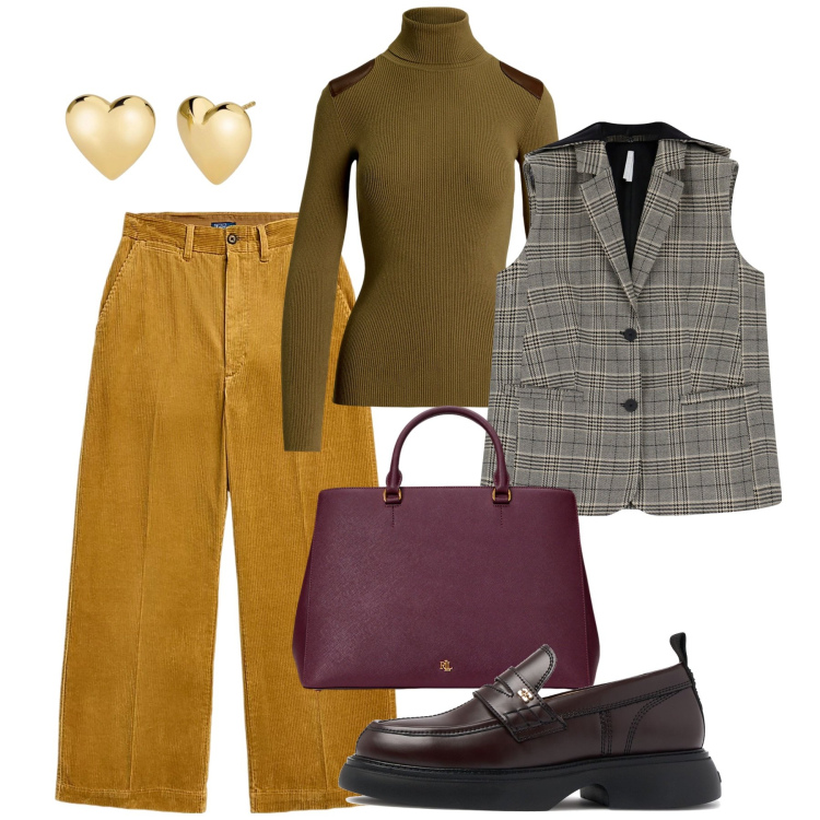 Outfit donna - I pantapalazzo e il gilet. Stile Bon Ton per Tutti i giorni. Abbinamento con orecchini, gilet, borse a mano, pantaloni, maglieria, mocassini.