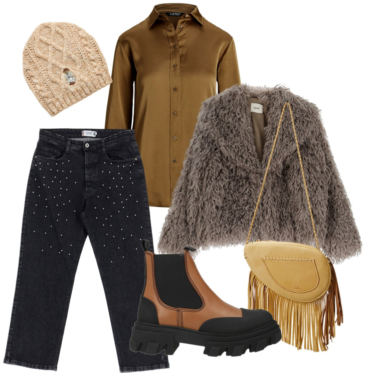 Outfit donna - Strass e ecopelliccia. Stile Casual chic per Serata fuori. Abbinamento con stivaletti, pantaloni, blazer, berretti, borse a tracolla, camicie.