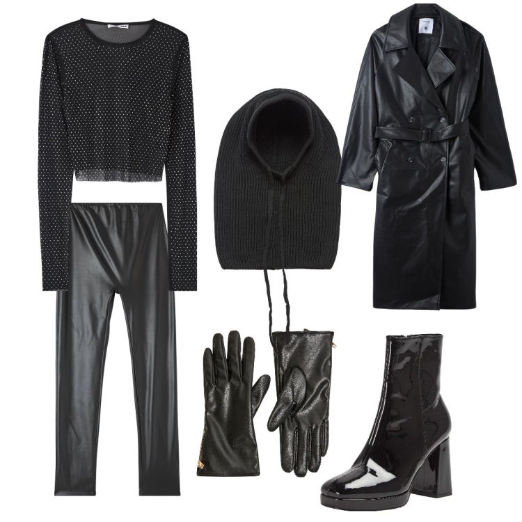 Outfit donna - Una diabolica serial killer. Stile Rock per Serata fuori. Abbinamento con t-shirt, treggings, stivaletti, trench, guanti, cappelli e berretti.