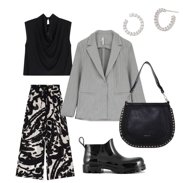 Outfit donna - Dettagli animalier. Stile Urban per Ufficio. Abbinamento con orecchini, pantaloni, top, blazer, borse a spalla, stivali.