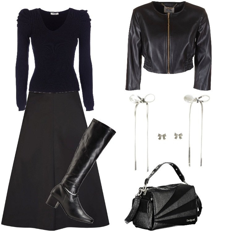 Outfit donna - ...in black. Stile Trendy per Serata fuori. Abbinamento con stivali, orecchini, maglieria, blazer, gonne, borse a spalla.