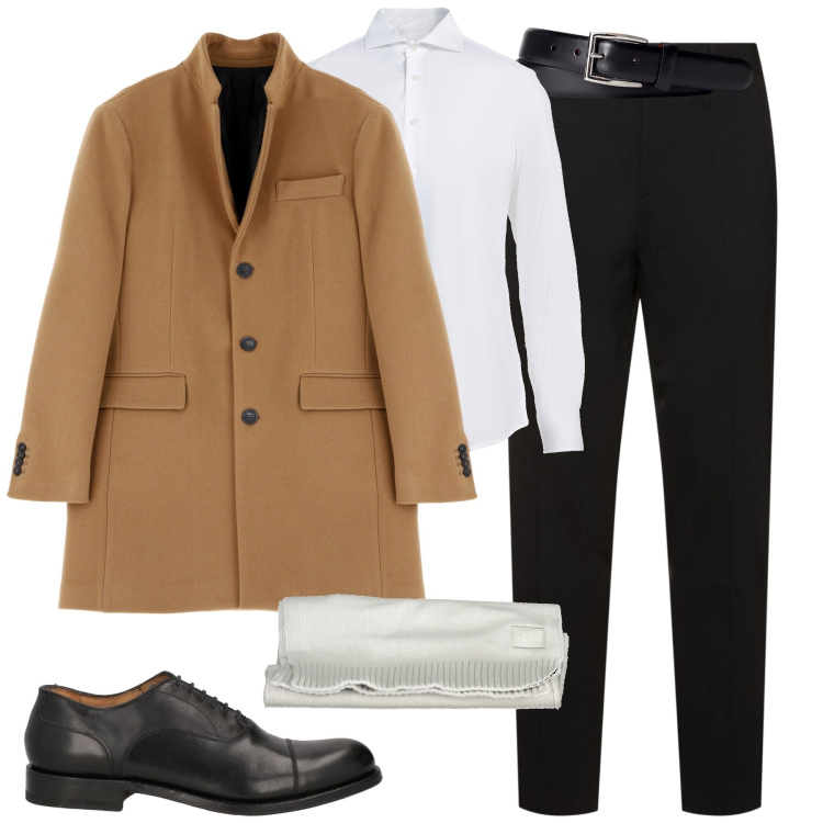 Outfit uomo - Minimal chic. Stile Business/Elegante per Tutti i giorni. Abbinamento con camicie, scarpe stringate, cappotti, cinture, pantaloni, sciarpe.