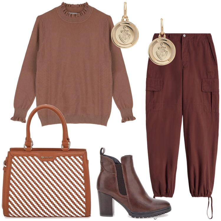 Outfit donna - Castagne. Stile Trendy per Tutti i giorni. Abbinamento con pantaloni cargo, maglieria, orecchini, borse a mano, stivaletti.